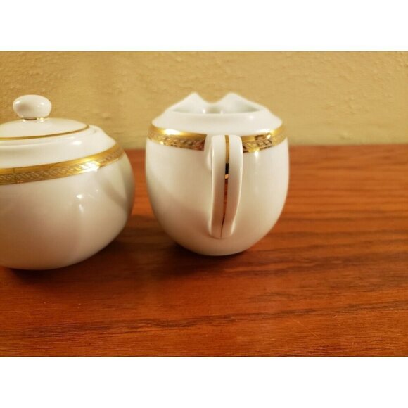 Vintage Gorham Sugar Bowl and Creamer Set Warwick Gold White Gold Trim With Lid - Picture 5 of 6